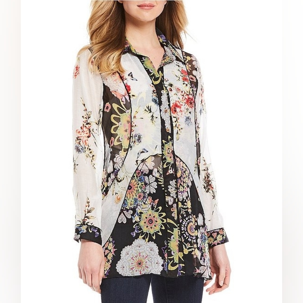 John Mark sz XL Mixed media floral print long sleeve crinkle tunic - Picture 3 of 7